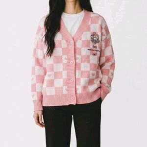 Sanrio My Melody Cardigan Sweater Large Pink Checkered Heart Kawaii Coquette